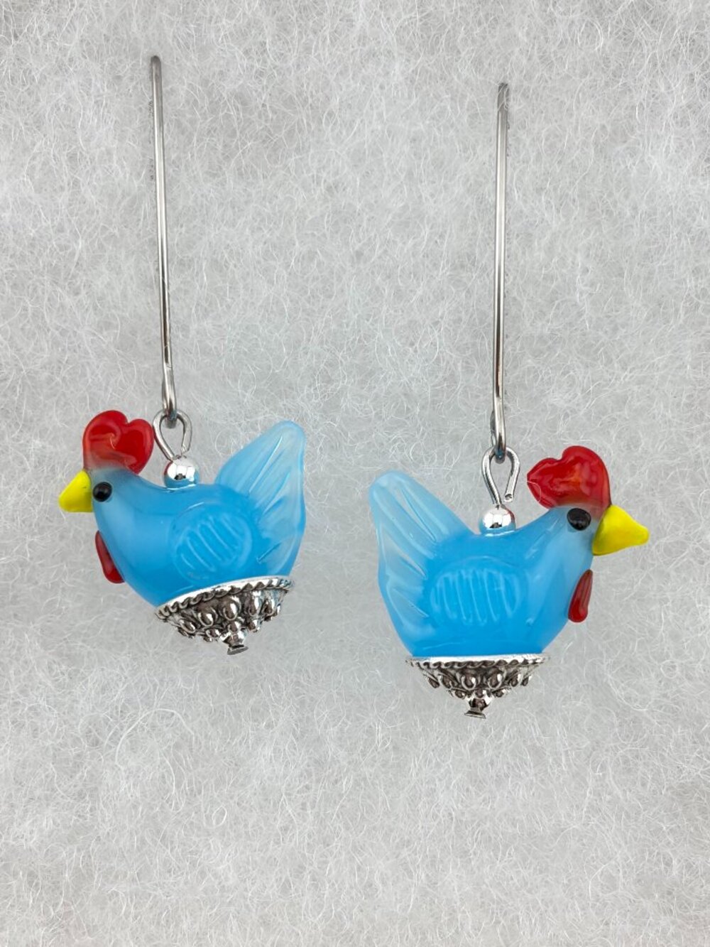 Blue Chicken on Nest Lampwork Glass Handmade Earrings LR228